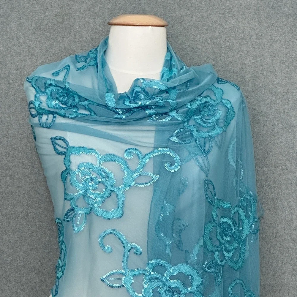 Tosca Blu Aqua Blue Floral Sequin Mesh Evening Wrap Shawl Scarf Evening Wedding